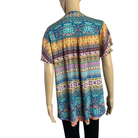 One World Women's XL Blouse Boho Metallic Threading Short Sleeve V Neck Tassels - Picture 5 of 12